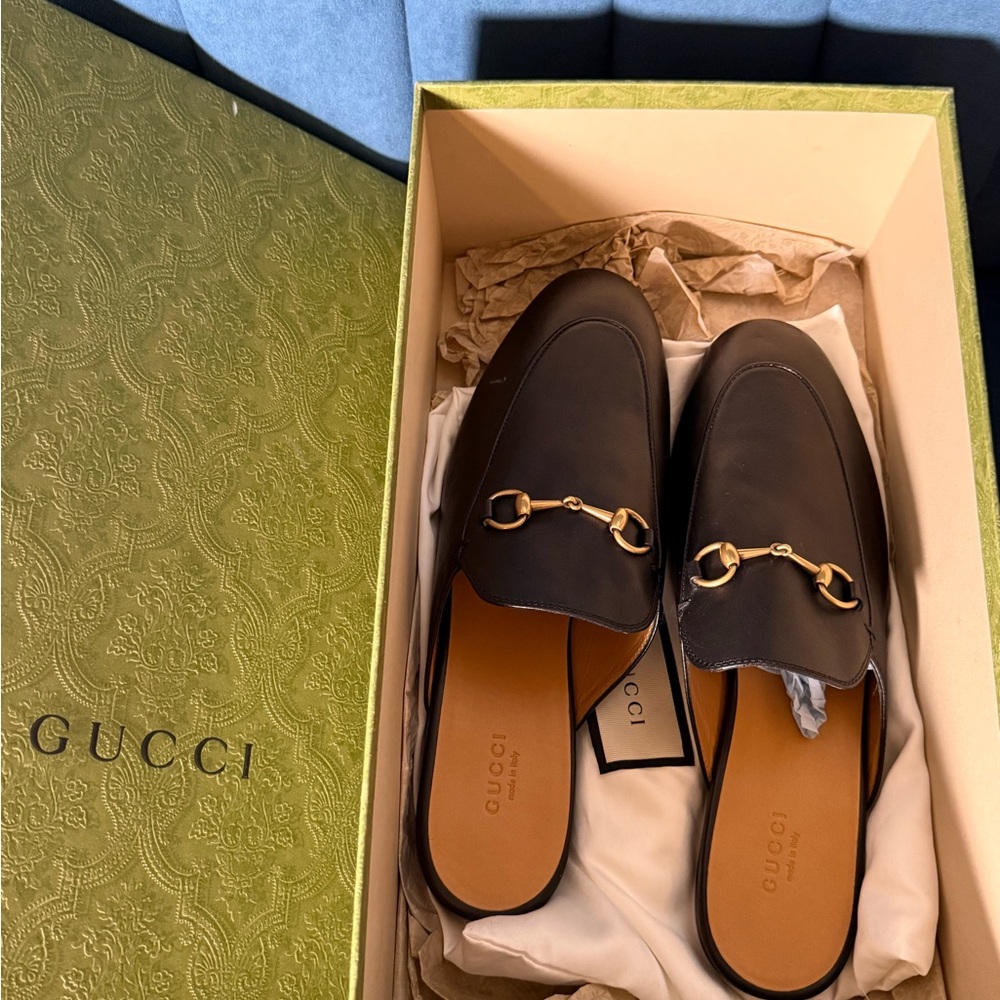 Gucci Dark Brown Leather Loafers with Gold Bit Detail